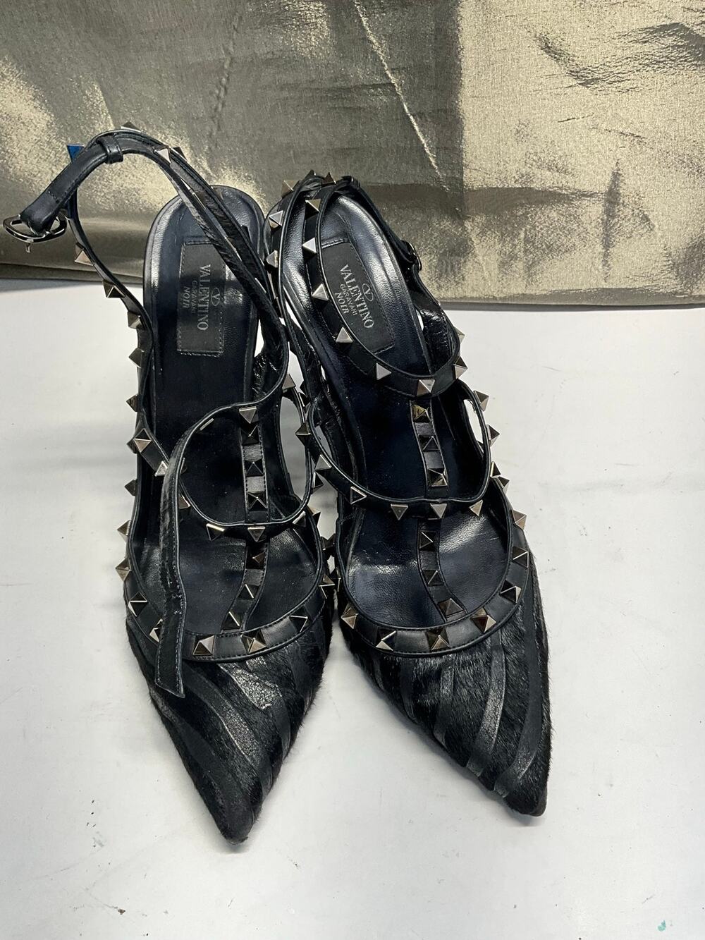 Valentino Rockstud Accents Ponyhair T-Strap Pumps